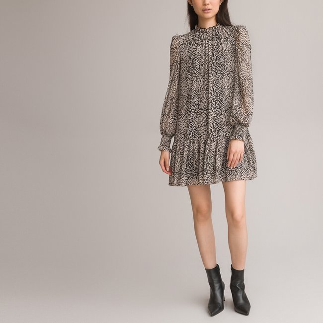 Vestido corto evasé, estampado animal, estampado de leopardo <span itemprop=