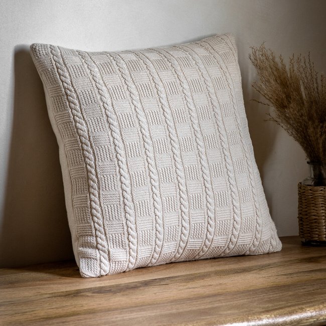 Cotton Cable Knit Filled Cushion, cream, SO'HOME