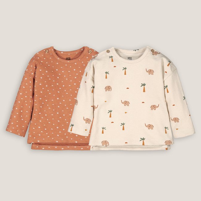 Lot de 2 T-shirts manches longues imprimés  marron + écru <span itemprop=