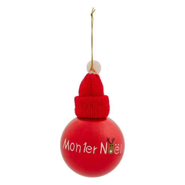 Boule Mon Premier Noël bonnet D.8 cm Couleur rouge <span itemprop=
