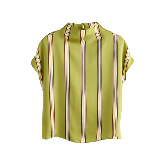 Haut à manches courtes en satin rayures vert olive <span itemprop=