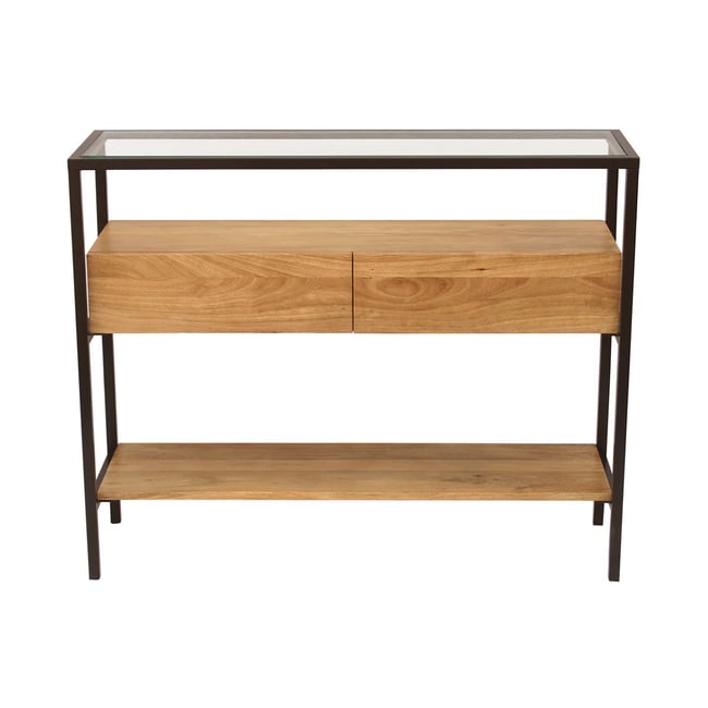 Console en bois foncé manguier massif et plateau en verre 2 tiroirs L100 cm SITA - MILIBOO