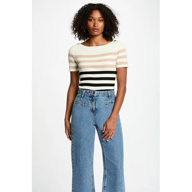 Pull maniche corte a righe rigato avorio/marine MORGAN