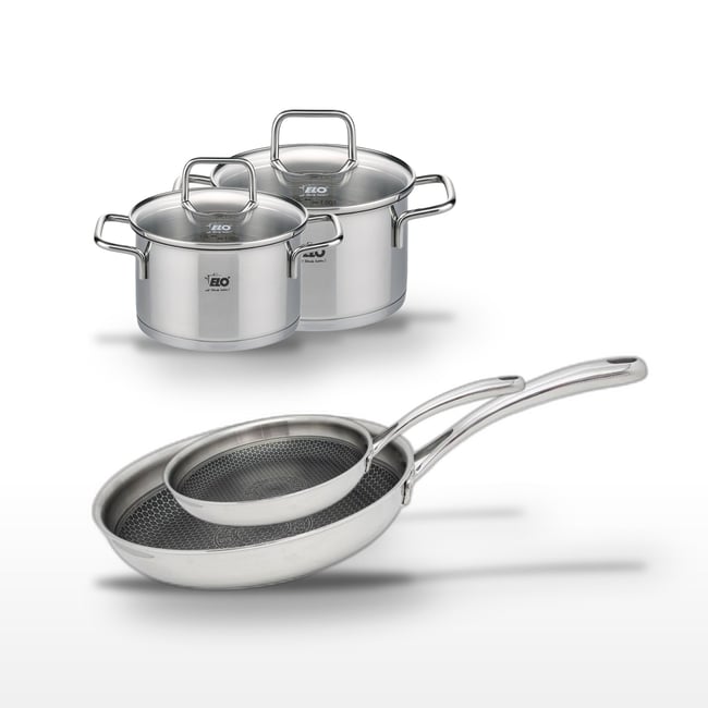 Batterie 2 poêles 24/28cm + 2 faitouts 14/16cm RELIEF EVOLUTION inox <span itemprop=