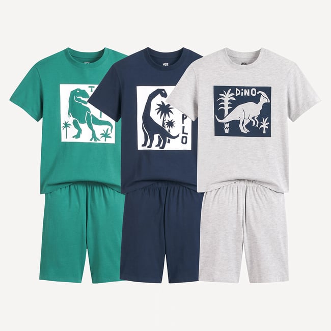 Lot de 3 pyjashorts en coton, thème dinosaure bleu + vert + gris <span itemprop=