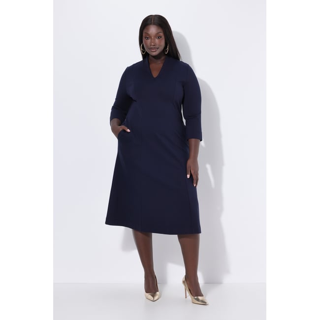 Robe midi point de Rome, manches 3/4 marine foncé <span itemprop=
