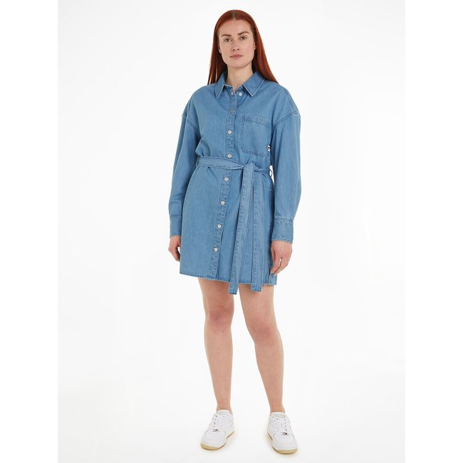 Abito chemisier in denim, laccetto da annodare in vita medium blue TOMMY JEANS