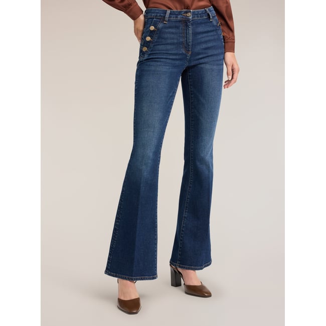 Jean flare avec boutons métalliques bleu <span itemprop=