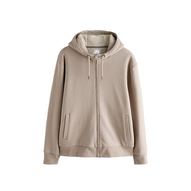 Sweat à capuche zippé doublure en peau lainée pierre neutre <span itemprop=