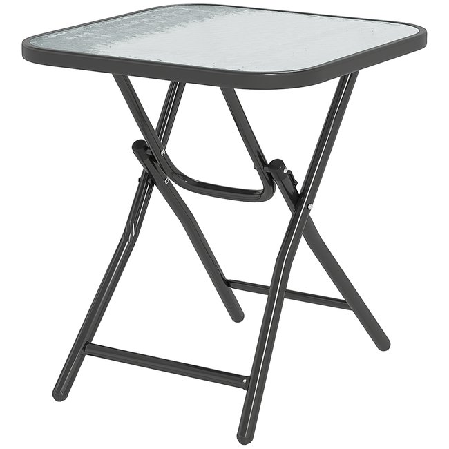 Table basse carrée bistro de jardin pliable métal noir verre trempé noir <span itemprop=