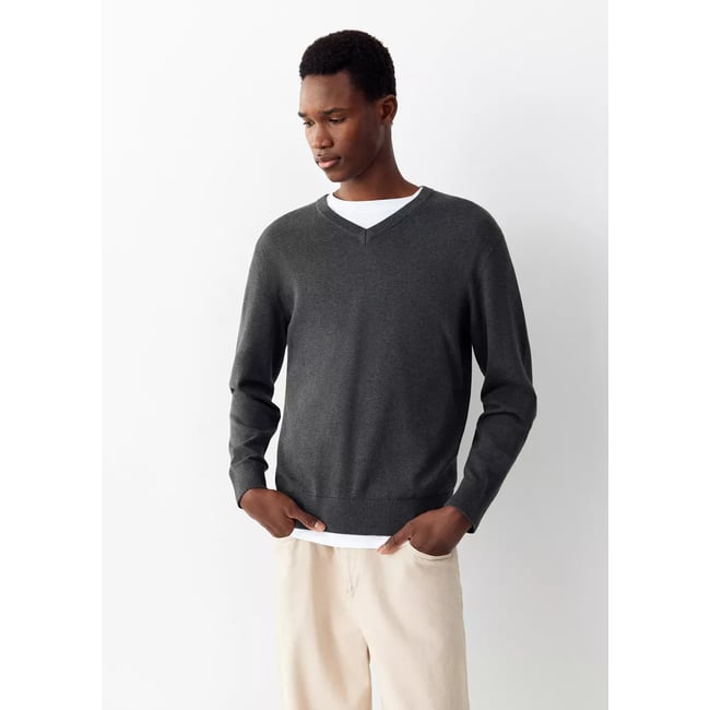 Pull-over coton col V gris chiné moyen <span itemprop=