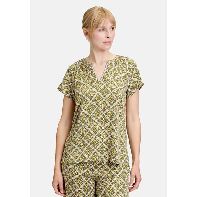 T-shirt façon blouse à motifs vert/violet <span itemprop=