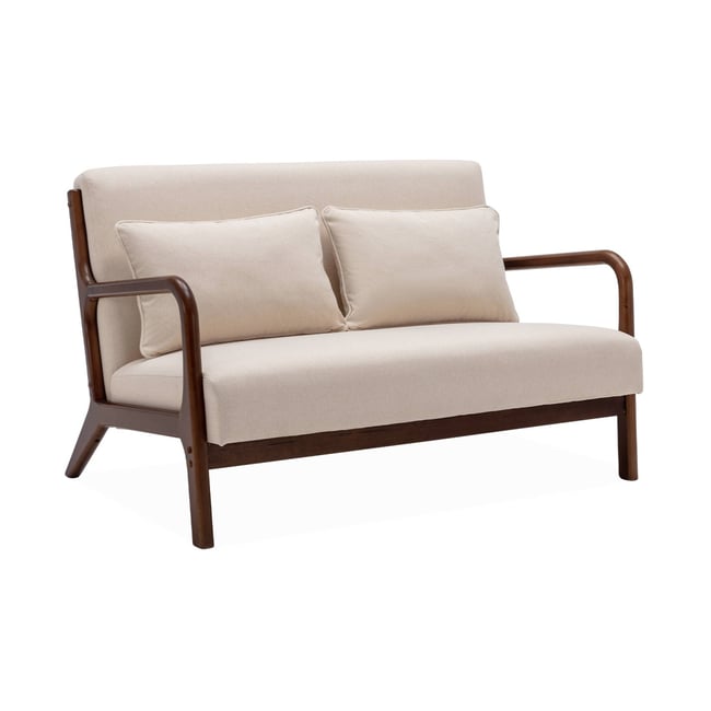 Banquette scandinave 2 places bois d'hévéa teinté noyer clair et tissu LORENS Couleur beige <span itemprop=