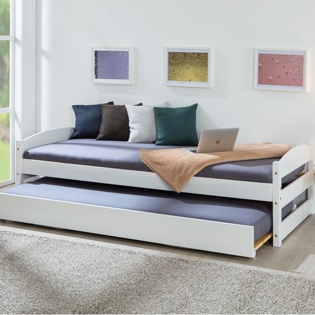 Lit gigogne bois massif, réglable en hauteur Couleur blanc <span itemprop=