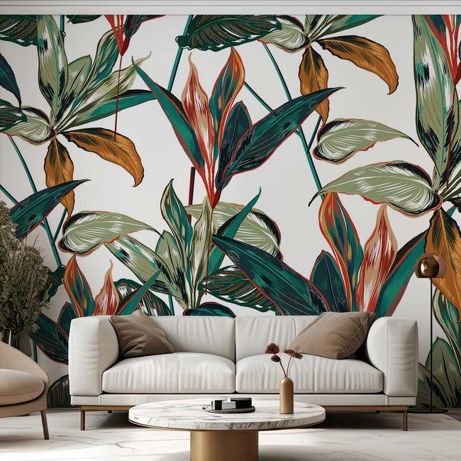 Papier peint panoramique feuilles colorees Couleur intissé <span itemprop=