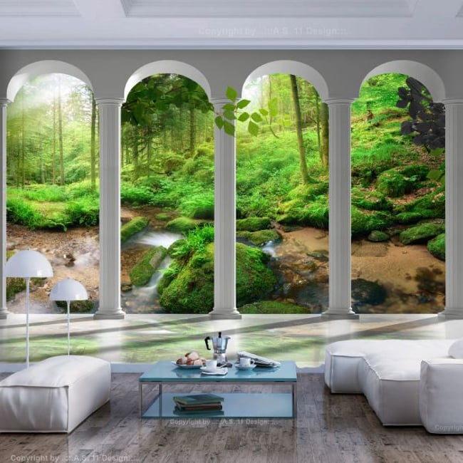 Papier peint intissé panoramique Paysage Pillars and Forest Couleur gris / argent <span itemprop=