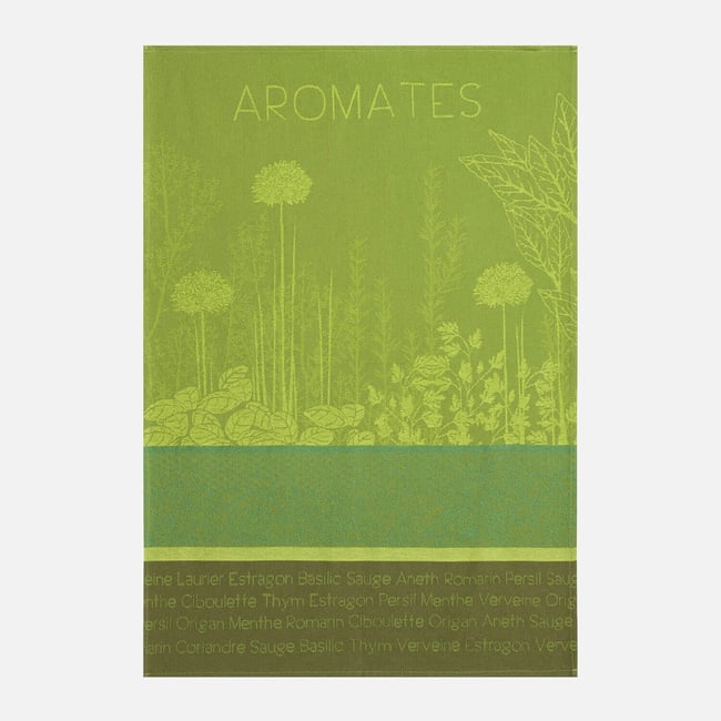 Torchon jacquard en coton AROMATES DU JARDIN vert <span itemprop=