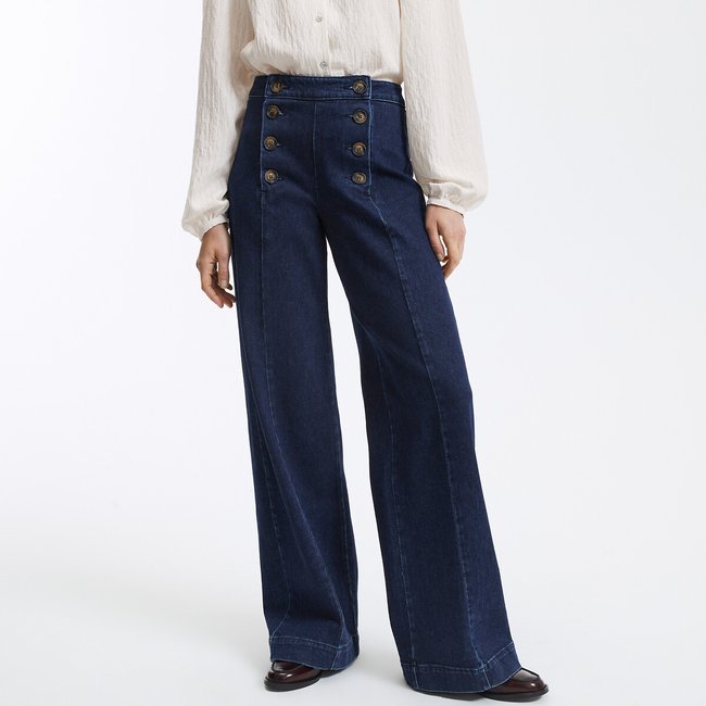 Wijde jeans in matrozenstijl, hoge taille <span itemprop=