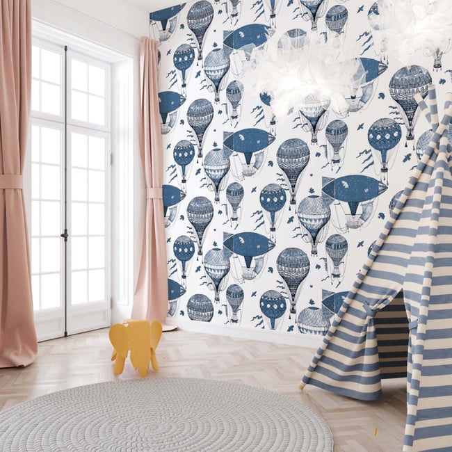 Papier peint pour enfant avec mongolfières - 425x260 cm (l x h) Couleur bleu <span itemprop=