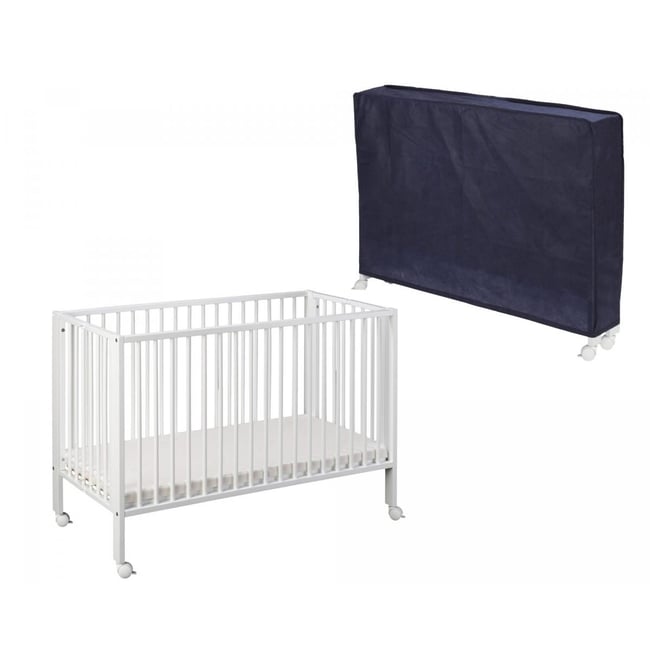 Lit pliable blanc avec matelas et housse de protection bleue - TISSI