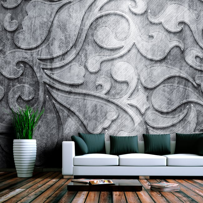Papier peint intissé panoramique Fond argenté avec motif floral Couleur noir <span itemprop=