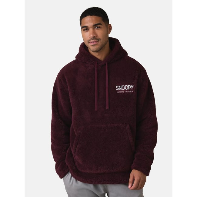 Sweat à capuche en peau lainée snoopy rouge bordeaux <span itemprop=