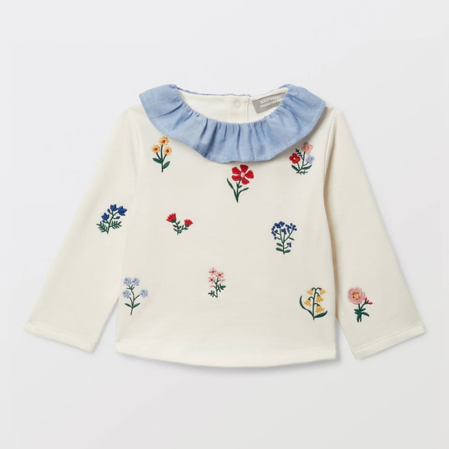 Sweat brodé à col chambray en coton BIO GOTS naturel <span itemprop=