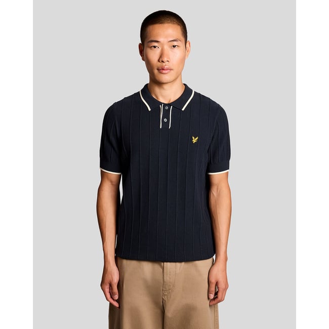 Polo à liserés contrastés en piqué en maille bleu foncé marine <span itemprop=