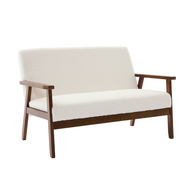 Canapé banquette 2 places bois d'hévéa teinté noyer clair et bouclette ISAK Couleur crème <span itemprop=