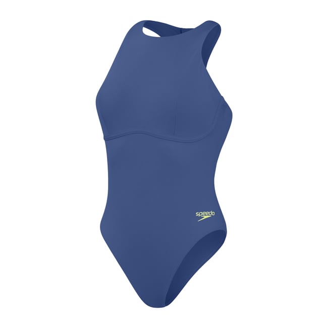 Maillot de bain 1 pièce à col ras-du-cou et fermeture éclair arrière motif/style logo SUPPORT bleu <span itemprop=