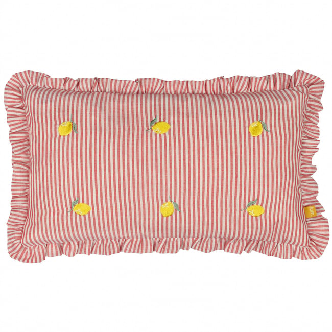 Les Fruites Striped Ruffle Feather Rich Cushion, red, FURN.