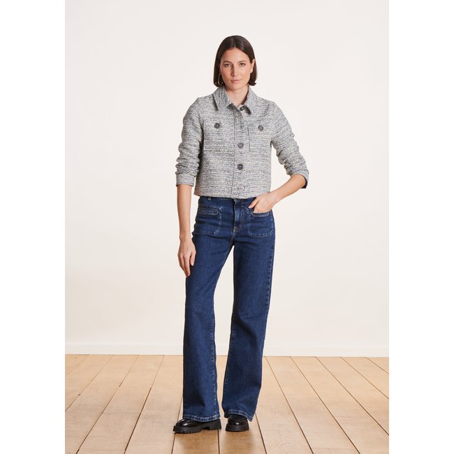 Veste courte en tweed col chemise vert menthe <span itemprop=