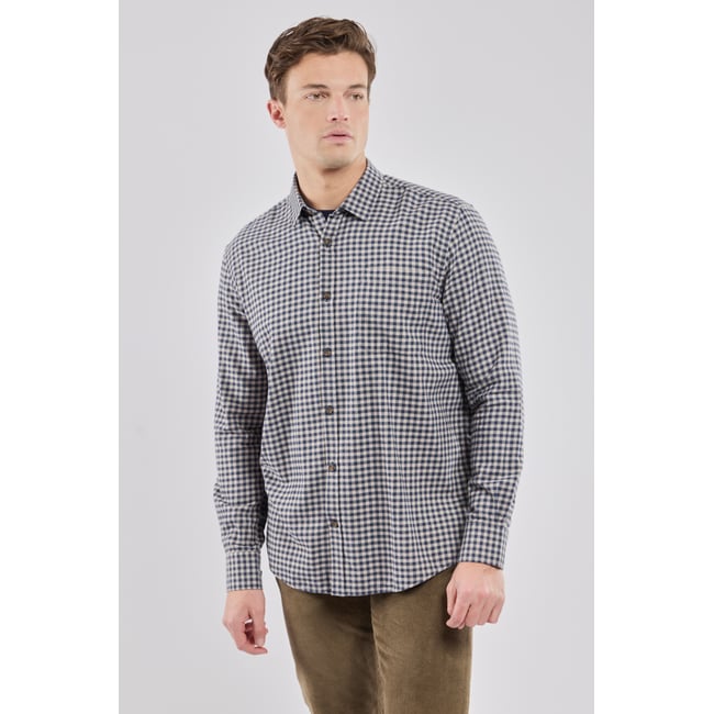 Chemise manches longues confort col souple vichy bleu jean <span itemprop=