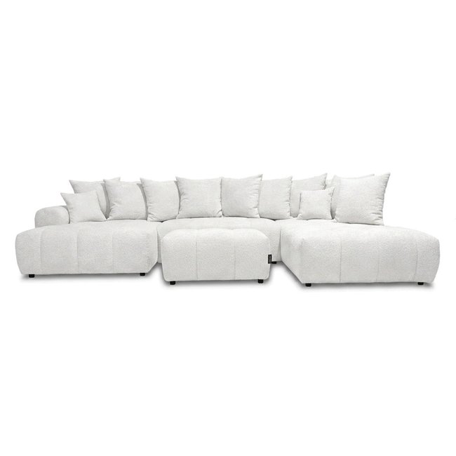 Canapé panoramique convertible 6 places en tissu bouclette avec pouf, ROXELANE - BOBOCHIC