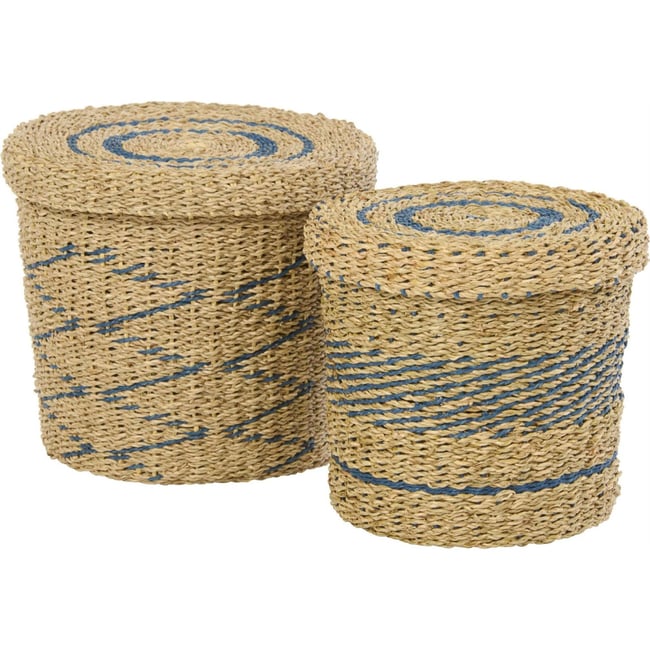Lot de 2 paniers ronds avec couvercle Couleur naturel et bleu <span itemprop=