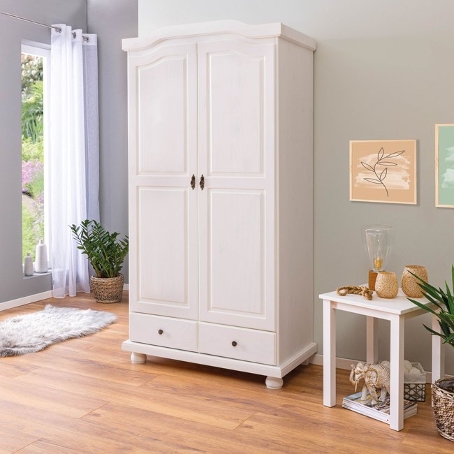 Armoire en bois massif 2 portes 2 tiroirs Couleur blanc <span itemprop=