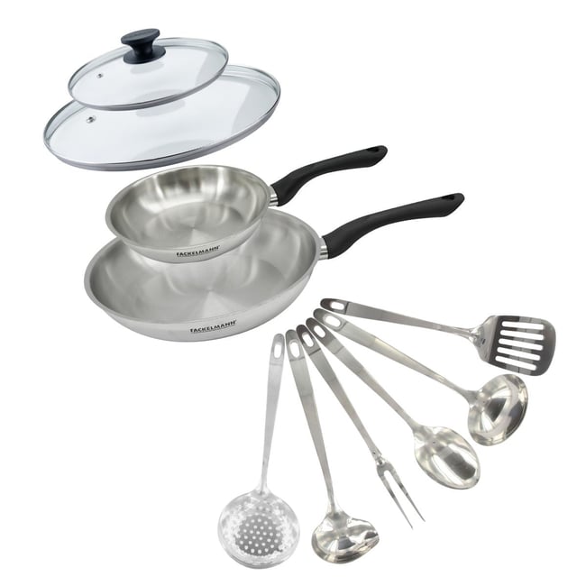 Set 2 poêles 20 et , couvercle verre et 6 ustensiles GENEVA inox|noir <span itemprop=
