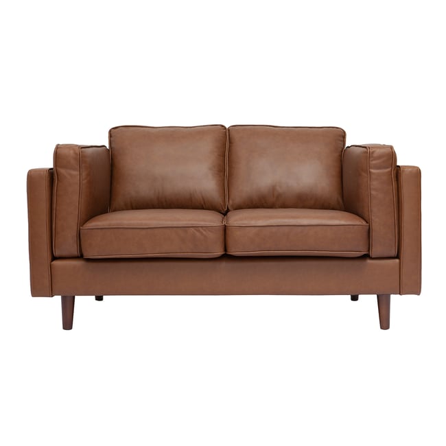 Canapé vintage 2 places cuir marron et bois foncé BRADLEY Couleur marron <span itemprop=