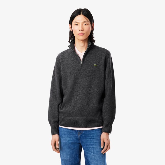 Pull zippé uni col montant laine gris-050 <span itemprop=