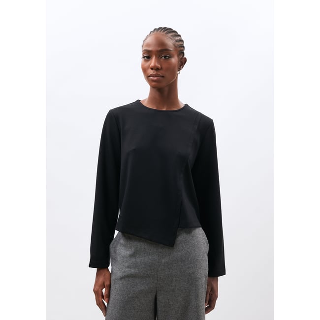T-shirt asymétrique manches longues col rond noir <span itemprop=
