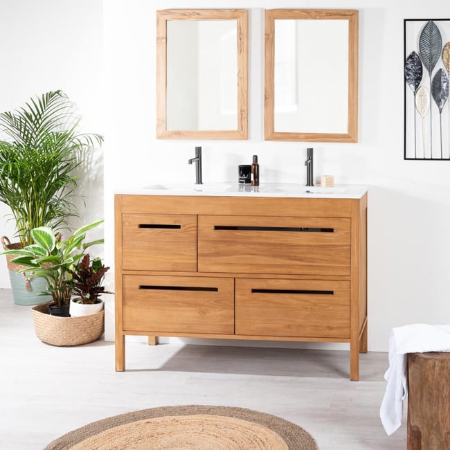Meuble salle de bain en teck massif et céramique 120 cm SIRA Couleur crème <span itemprop=