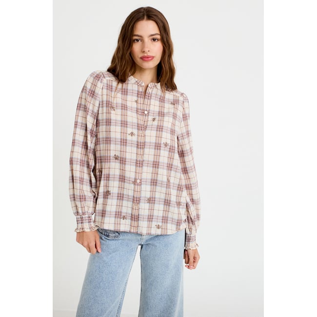 Blouse ample col montant manches longues beige <span itemprop=