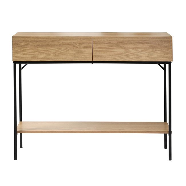 Console 2 Tiroirs 1 Tablette Décor Bois - L100cm Couleur bois clair <span itemprop=