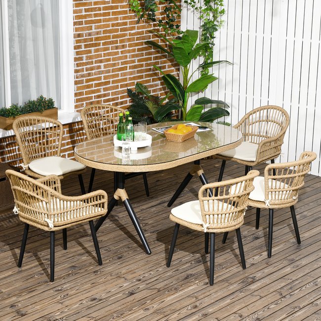 Salon de Jardin 6 places 7 pièces style bohème avec coussins beige <span itemprop=