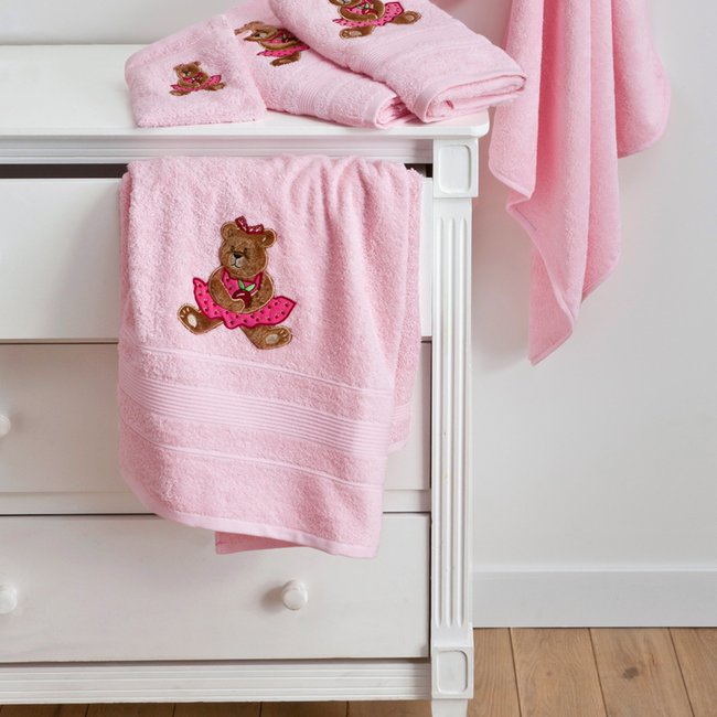 Serviette de toilette  en Coton 500g/m² 100% coton modèle brodé - OURSON GIRL rose <span itemprop=