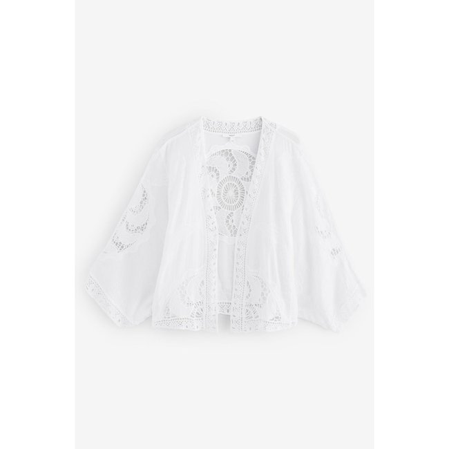 Kimono de plage court en crochet blanc <span itemprop=