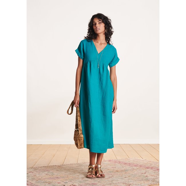 Robe longue évasée en lin manches courtes lagune <span itemprop=