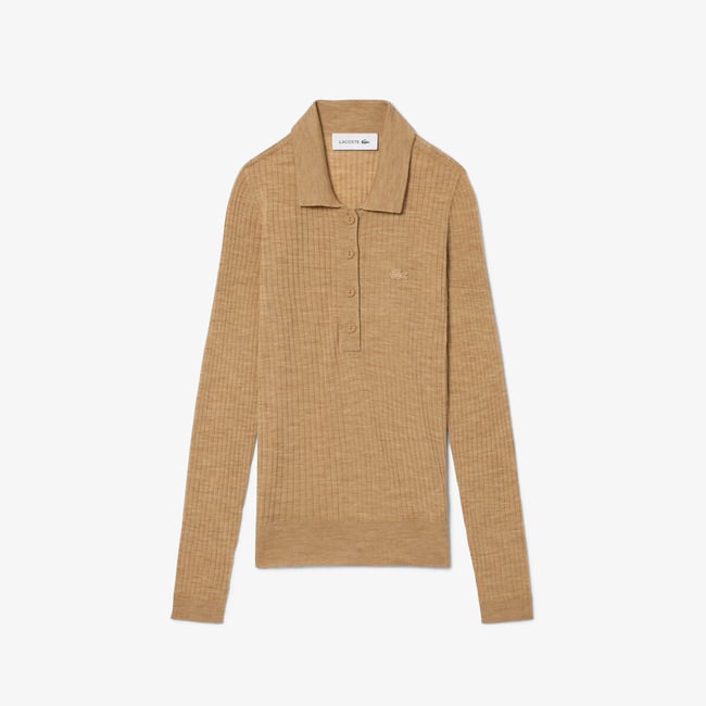 Pull col polo manches longues en laine beige camel <span itemprop=