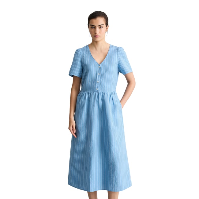 Robe à rayures régulière en mélange de lin et de coton bleu <span itemprop=