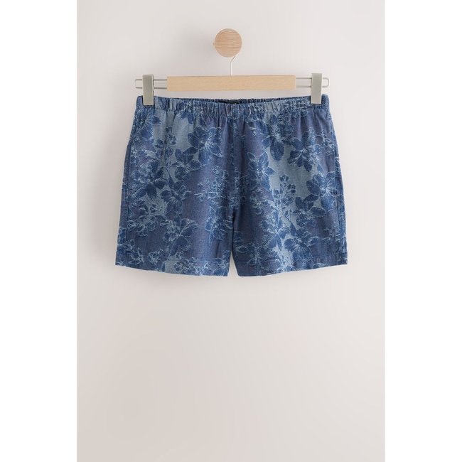 Short léger en jean à enfiler 100 % coton jacquard floral bleu <span itemprop=